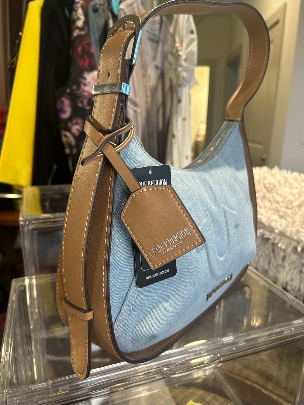 True Religion Light Blue Denim Hobo Bag W/ Brown Trim/Strap 12.75”x 3”x 8.5” NWT - Picture 10 of 12